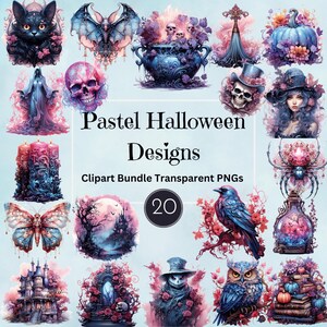 Pastel Halloween-clipartset, PNG-pastel pastel Goth, aquarelontwerp, commercieel gebruik