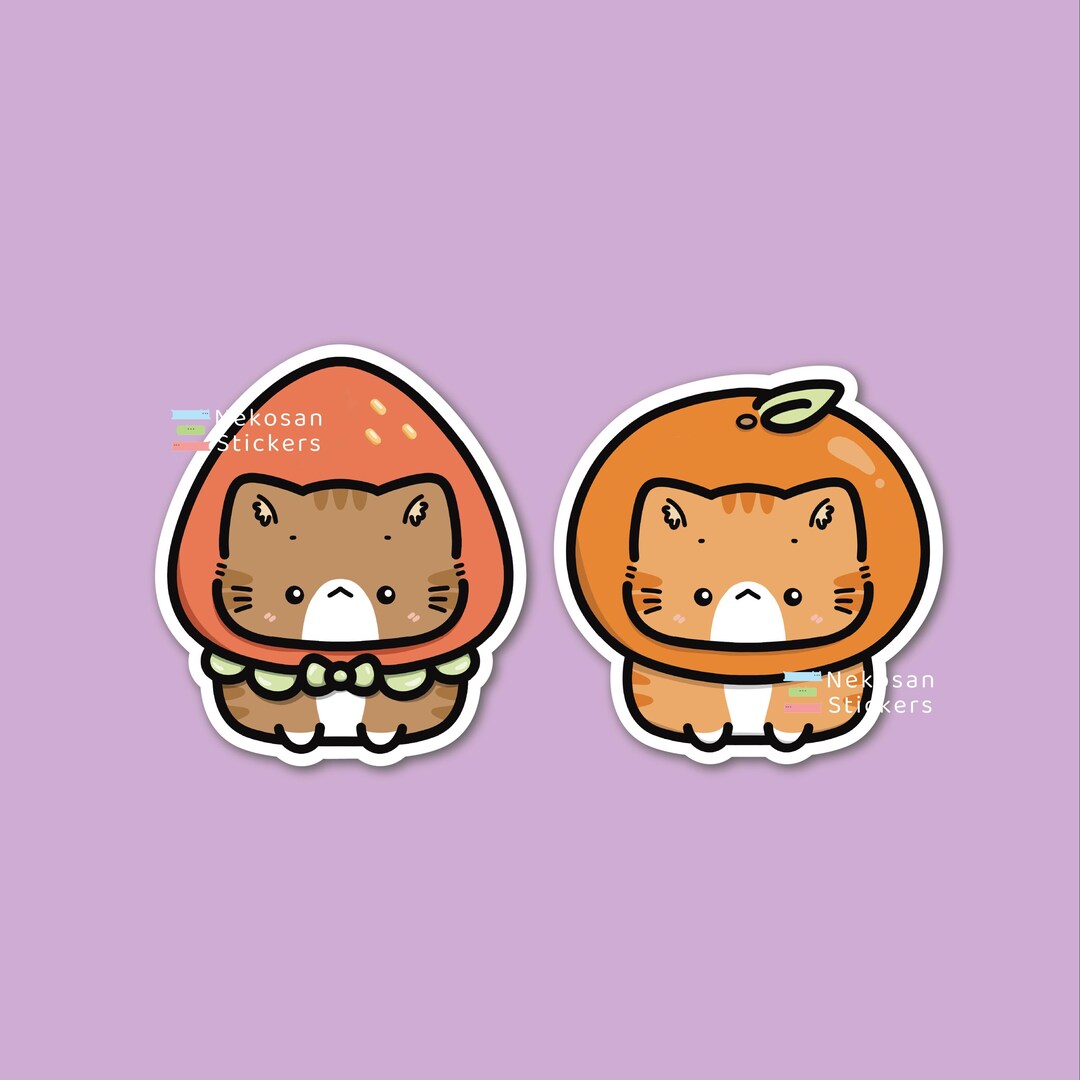 Strawberry and Orange Tabby Cat Cute Kawaii Vinyl Sticker, Fruits(02)