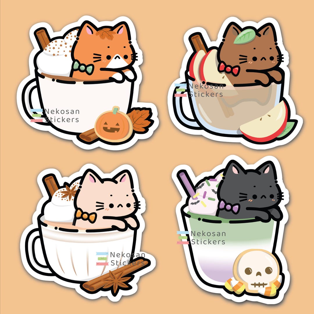 Cute Cat Cozy Drinks Glossy Vinyl Sticker, Orange Cat, Brown Cat, Cream ...