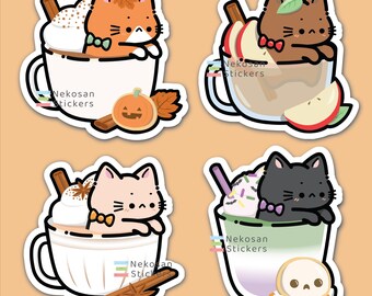Cute Cat Cozy Drinks Glossy Vinyl Sticker, Orange Cat, Brown Cat, Cream Cat, Black Cat, Funny Animal Stickers