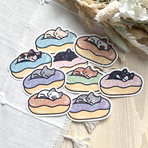 Cute Kawaii Cat Donut Sparkly Vinyl Sticker | Gray, Black, Color Point, Tuxedo, Gray Tabby, Calico, Cream, Orange Tabby | Handmade Sticker