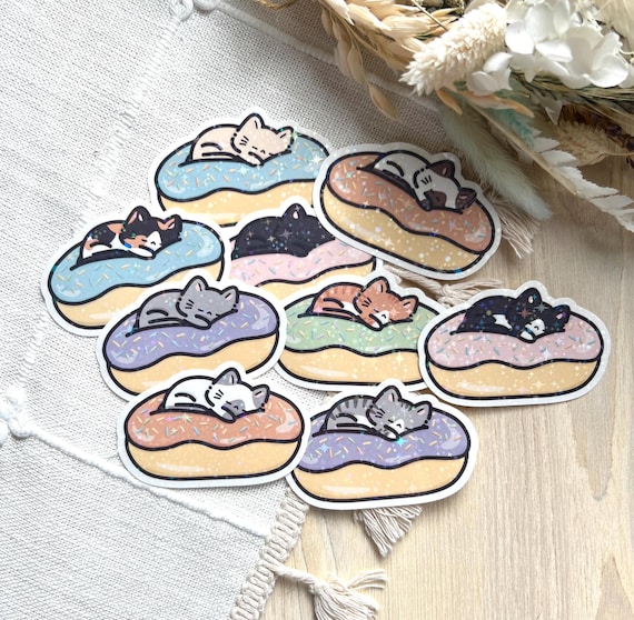 Kawaii Cat Donut Vinyl Sticker | Holographic Laminated, Handmade | Tabby, Calico, Color Point + More
