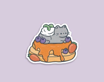 Kawaii Pancake Cat Glossy Vinyl Sticker - Handmade Breakfast  Food Sticker