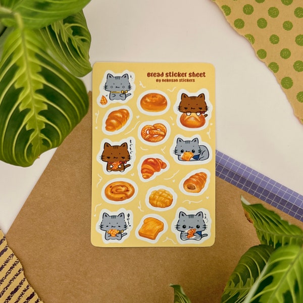 Cute Cat and Bread Themed Sticker Sheet for Journaling, Planners, Decorating