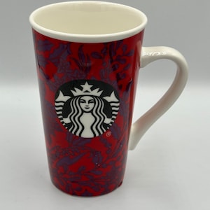Starbucks Ceramic Mug Christmas Red With Purple Poinsettia