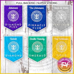 May include: Six shield-shaped patches featuring the Crown & Anchor Society logo. Colours include purple, blue, silver, light blue, green, and yellow. Text includes names like Johnsons, The Johnsons, John & Katie, Robert, Smith Family, and The Williams.