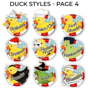 May include: Nine different rubber duck designs with various themes.  The ducks are wearing costumes and accessories, including a birthday hat, chef's hat, heart-shaped sunglasses, Santa hat, hockey mask, Frankenstein's monster makeup, Dracula cape, witch's hat, and a mummy bandage.  The ducks are floating in life preservers with text that reads "Birthday", "Baker/Chef", "Heart Shades", "Christmas", "Hockey Mask", "Frankenstein", "Dracula", "Witch", and "Mummy".