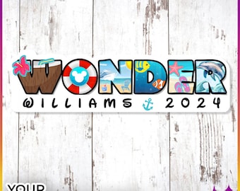 May include: A white background with a colorful word art design that spells out "WONDER" with various images of a tropical vacation. The text "@WILLIAMS 2024" is below the word art.
