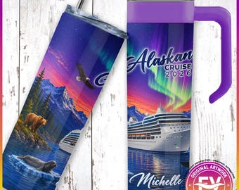 Alaskan Cruise Tumbler Cup with Optional Handle for All Cruise Lines | Personalized Alaska Cruise Stainless Steel Cup | Alaska Cruise Gift