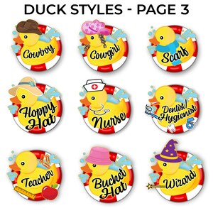 May include: Nine yellow rubber duck designs with different hats and accessories. The ducks are in a red and white life preserver with blue water splashes. The designs include: Cowboy, Cowgirl, Scarf, Hoppy Hat, Nurse, Dentist/Hygienist, Teacher, Bucket Hat, and Wizard.