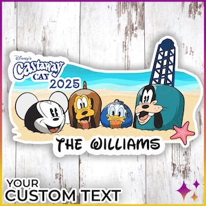 Puede incluir: Una pegatina colorida de Disney Castaway Cay 2025 con Mickey Mouse, Pluto, Donald Duck y Goofy. La pegatina tiene una escena de playa con un cielo azul y un océano. El texto "THE WILLIAMS" está en la parte inferior de la pegatina.