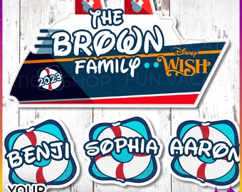 May include: A blue and red cruise ship with the text "The Brown Family. Disney Wish" and the year "2023". Three life preserver-shaped stickers with the names "Benji", "Sophia", and "Aaron" are below the ship. The text "Your Custom Text" is below the stickers.
