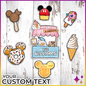 May include: A set of printable party decorations featuring Mickey Mouse and Donald Duck. The decorations include a donut, ice cream cone, popsicle, cupcake, and a Mickey Mouse waffle. The decorations are perfect for a Disney-themed party.