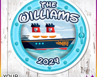 May include: A round, light blue nautical-themed design with the text "THE WILLIAMS" and "2024". The design features a cruise ship with the words "Disney Wonder" and a propeller. The bottom of the design has the words "YOUR CUSTOM TEXT".