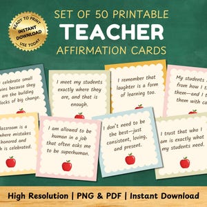 May include: A set of 50 printable teacher affirmation cards with various positive statements. Each card features a colorful border, an apple graphic, and inspirational text. The cards are designed for instant download.