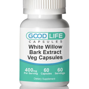 May include: White bottle with a blue and white label that reads "GOOD LIFE CAPSULES White Willow Bark Extract Veg Capsules 400mg Per Serving 60 Capsules 60 Servings Dietary Supplement"