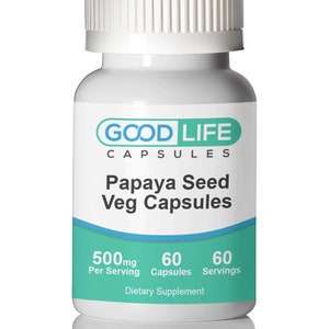 May include: White bottle with a blue and green label that reads "GOOD LIFE CAPSULES Papaya Seed Veg Capsules 500mg Per Serving 60 Capsules 60 Servings Dietary Supplement"
