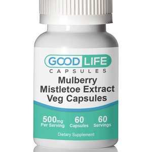 May include: White bottle with a blue label that reads "GOOD LIFE CAPSULES Mulberry Mistletoe Extract Veg Capsules 500mg Per Serving 60 Capsules 60 Servings Dietary Supplement"