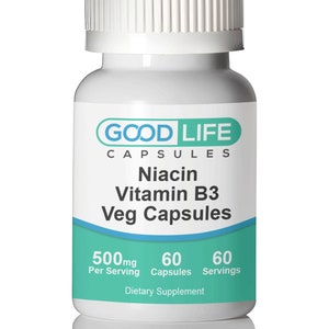 May include: White bottle with a blue label that reads "GOOD LIFE CAPSULES Niacin Vitamin B3 Veg Capsules 500mg Per Serving 60 Capsules 60 Servings Dietary Supplement"