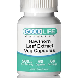 May include: White bottle with a green label that reads "GOOD LIFE CAPSULES Hawthorn Leaf Extract Veg Capsules 500mg Per Serving 60 Capsules 60 Servings Dietary Supplement"