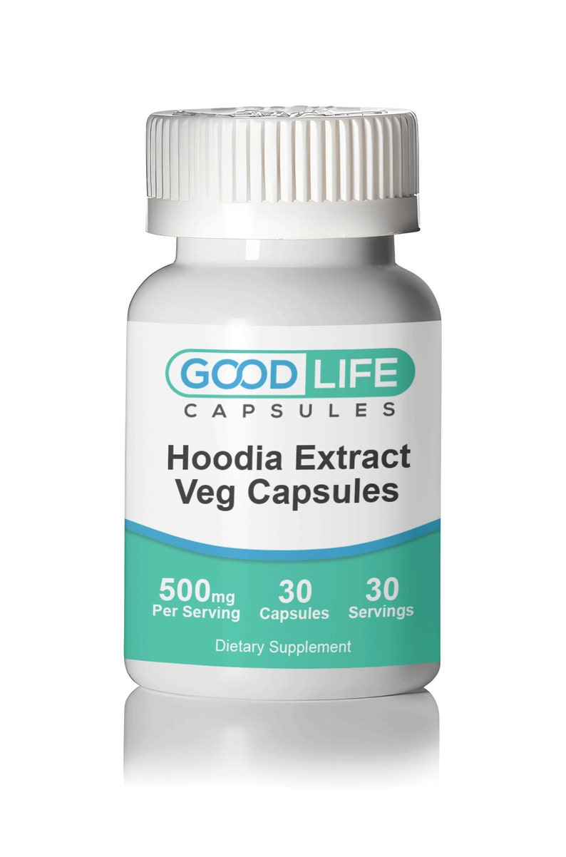 May include: White bottle with a blue and green label that reads "GOOD LIFE CAPSULES Hoodia Extract Veg Capsules 500mg Per Serving 30 Capsules 30 Servings Dietary Supplement"