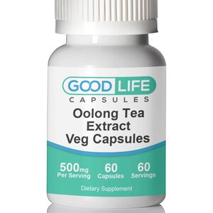 May include: A white bottle with a green label that says "GOOD LIFE CAPSULES Oolong Tea Extract Veg Capsules 500mg Per Serving 60 Capsules 60 Servings Dietary Supplement"