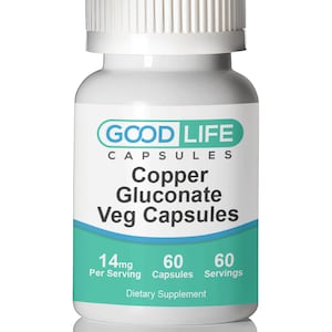 May include: A white bottle of Good Life Copper Gluconate Veg Capsules. The label includes the text "14mg Per Serving", "60 Capsules", and "60 Servings". The bottle has a white cap and a teal and white label.