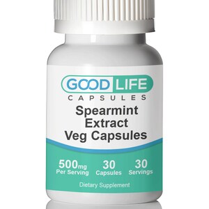 May include: White bottle with a green label that reads "GOOD LIFE CAPSULES Spearmint Extract Veg Capsules 500mg Per Serving 30 Capsules 30 Servings Dietary Supplement"