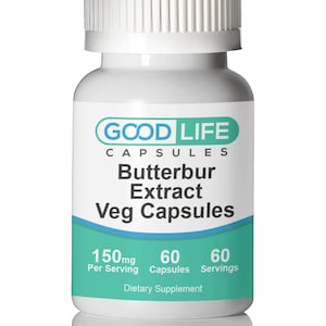 May include: White plastic bottle with a blue and green label that reads "GOOD LIFE CAPSULES Butterbur Extract Veg Capsules 150mg Per Serving 60 Capsules 60 Servings Dietary Supplement"