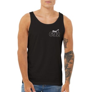 May include: Black sleeveless tank top with a white graphic design that says "RMI 692" with a palm tree icon.