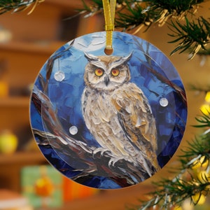 Owl Oil painting Palette knife impasto style Printed Beveled Round Glass Christmas Ornament