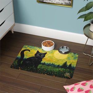 Pet Mat - Black cat Starry Night Cat Feeding Mat Non-Slip Rubber 12x18 inches Printed in the USA Placemat