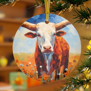 Texas Longhorn Oil painting Palette knife impasto style Printed Beveled Round Glass Christmas Ornament