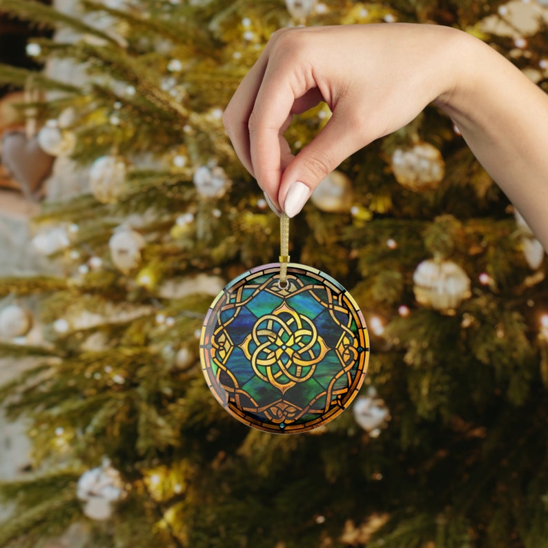 Celtic Knot Tiffany Style Stained Glass Printed Beveled Round Glass Christmas Ornament image 2