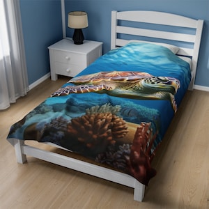 Sea Turtle on coral reef Velveteen Plush Blanket