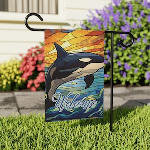 Stained Glass Orca Whale Garden banner, Orca Whale flag, Orca Whale garden Decor