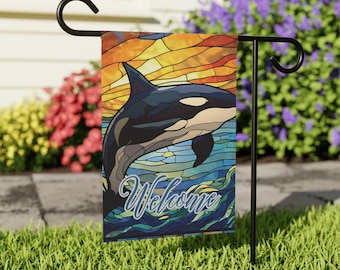 Stained Glass Orca Whale Garden banner, Orca Whale flag, Orca Whale garden Decor