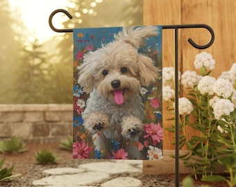 Maltipoo running in wild flowers in oil painting style, Garden & House Banner pole not included