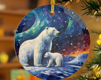 Polar Bear and Cub Starry Night with Aurora Borealis Printed Beveled Round Glass Christmas Ornament