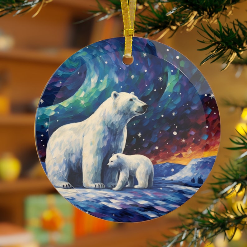 Polar Bear and Cub Starry Night with Aurora Borealis Printed Beveled Round Glass Christmas Ornament image 1