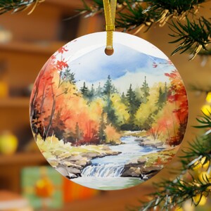 Vermont Landscape Watercolor Printed Beveled Round Glass Christmas Ornament