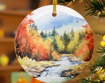 Vermont Landscape Watercolor Printed Beveled Round Glass Christmas Ornament