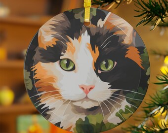 Calico Cat In Bush Printed Beveled Round Glass Christmas Ornament