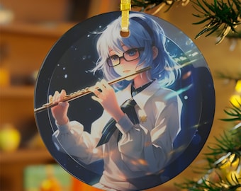 Cute Anime Girl Playing Flute Printed Beveled Round Glass Christmas Ornament