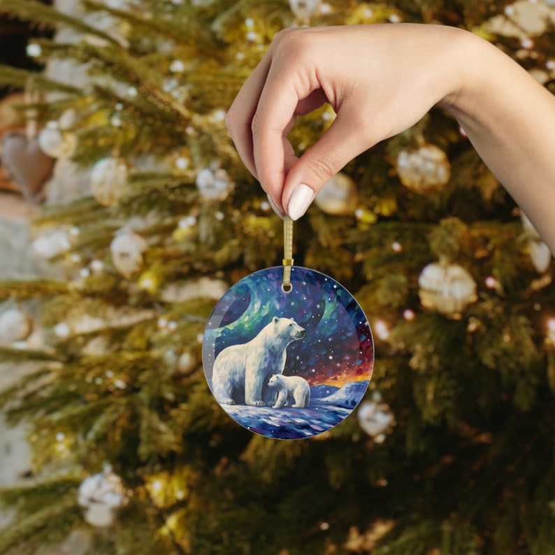 Polar Bear and Cub Starry Night with Aurora Borealis Printed Beveled Round Glass Christmas Ornament image 2