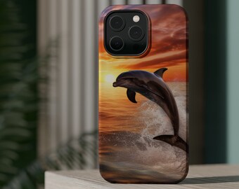 Dolphin at Sunrise MagSafe Tough Cases, compatibility with Apple MagSafe accessories, Apple phone cases