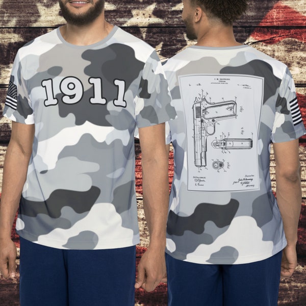 Grey Cammo Browning 1911 blueprint on back with 1911 on front tee, Firearm t-shirt, 1911 hand gun shirt, gifts for men,Gun Rights, 2A Tee