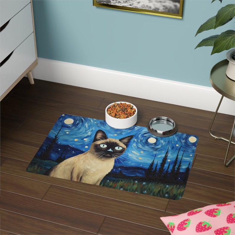 Pet Mat - Siamese Cat Starry Night Cat Feeding Mat Non-Slip Rubber 12x18 inches Printed in the USA Placemat image 1