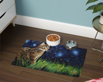 Pet Mat - Tabby Cat Starry Night Cat Feeding Mat Non-Slip Rubber 12x18 inches Printed in the USA Placemat