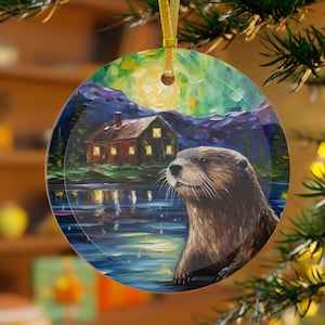 River Otter Aurora Borealis Oil painting Palette knife impasto Style Printed Beveled Round Glass Christmas Ornament